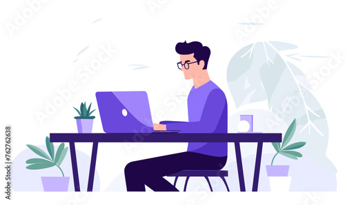 Man freelancer sitting on a chair behind a desk and working on a laptop in the office, vector illustration in violet colors on white background