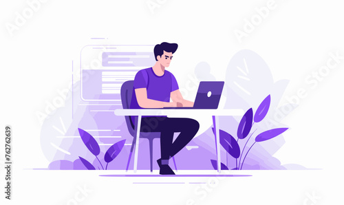 Man freelancer sitting on a chair behind a desk and working on a laptop in the office, vector illustration in violet colors on white background
