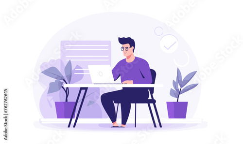 Man freelancer sitting on a chair behind a desk and working on a laptop in the office, vector illustration in violet colors on white background