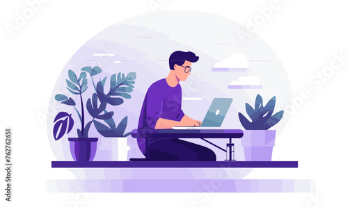 Man freelancer sitting on a chair behind a desk and working on a laptop in the office, vector illustration in violet colors on white background