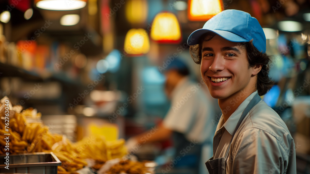 Fototapeta premium Portrait of young handsome man staff working in fast food restaurant. Generative AI