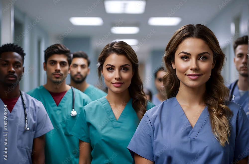 Fototapeta premium Portrait of a smiling medical team. Portrait of a group of doctors. A group of young physician residents against the backdrop of the clinic corridor