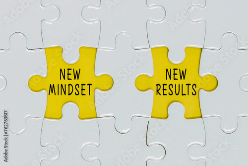 Top view image of Jigsaw Puzzle and the text new mindset new results. success and personal development concept