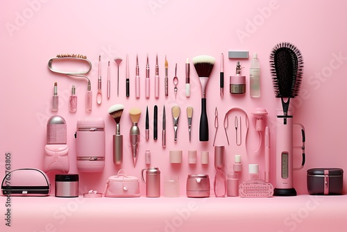 Set of makeup brushes on pink background. Top view with copy space