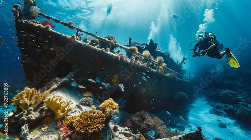 Sunken Shipwreck Under the Sea, Coral Reef and Divers Exploration © Marina