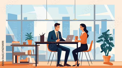 Business couple in the office scene Flat vector fla