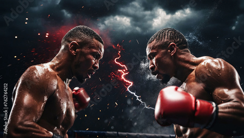 Two boxers facing each other against an overcast sky of clouds and lightning. Concept sport © Rayan Heaven