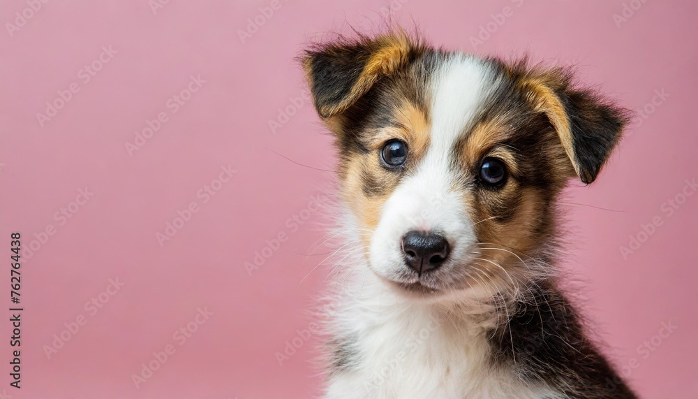 close up banner with puppy dog isolated on pink background with copy space close up banner with puppy dog isolated on pink background with copy space