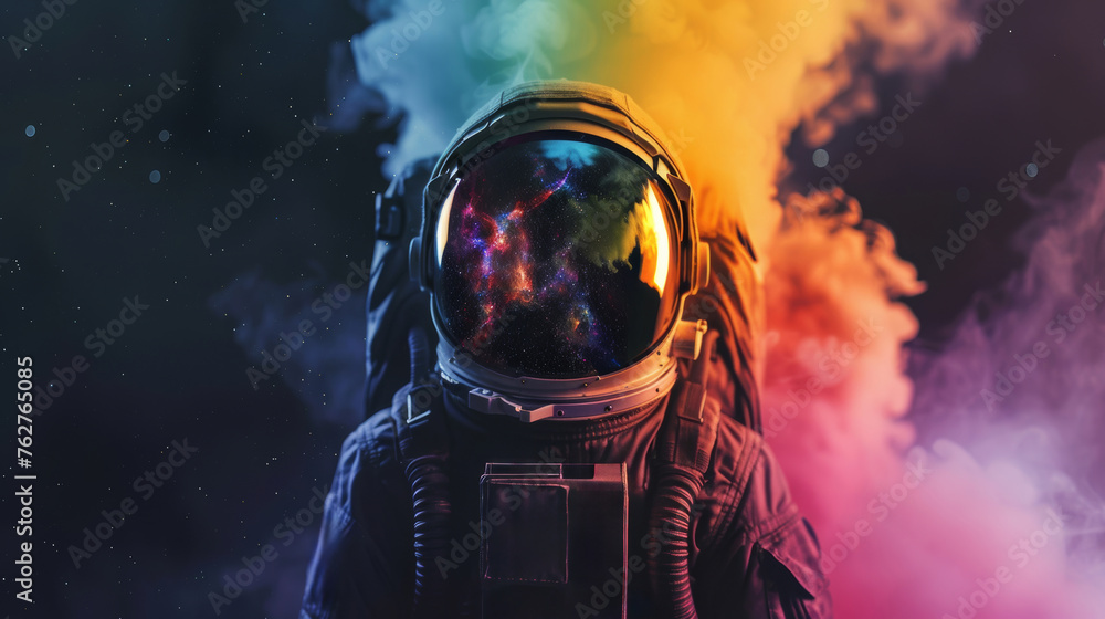 Astronaut in Space Suit Standing in Front of Rainbow Cloud