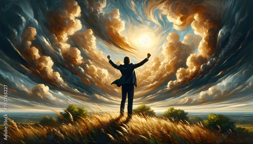 A figure stands triumphantly atop a hill with arms raised, basking in the grandeur of a swirling, dramatic sky illuminated by a radiant sun.

 - obrazy, fototapety, plakaty 