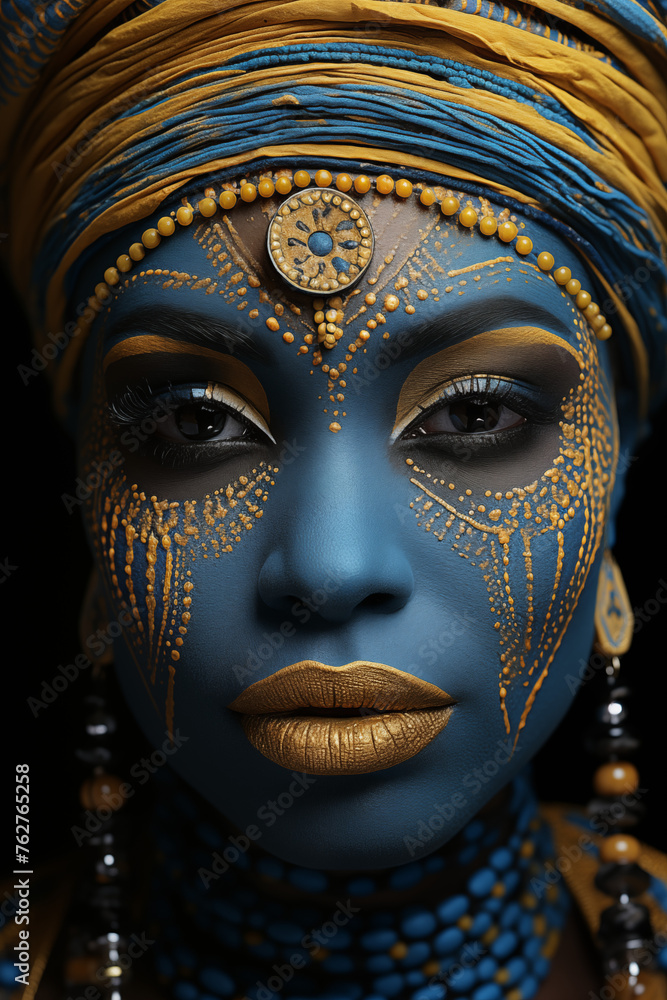 Afrikanische Frau mit blauem und goldenem Schmuck, Traditionelles Makeup, Makeup in blau und gold, Moderne und Tradition kombiniert