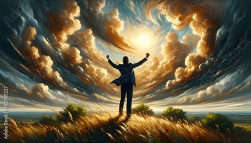 A figure stands triumphantly atop a hill with arms raised, basking in the grandeur of a swirling, dramatic sky illuminated by a radiant sun.

 photo