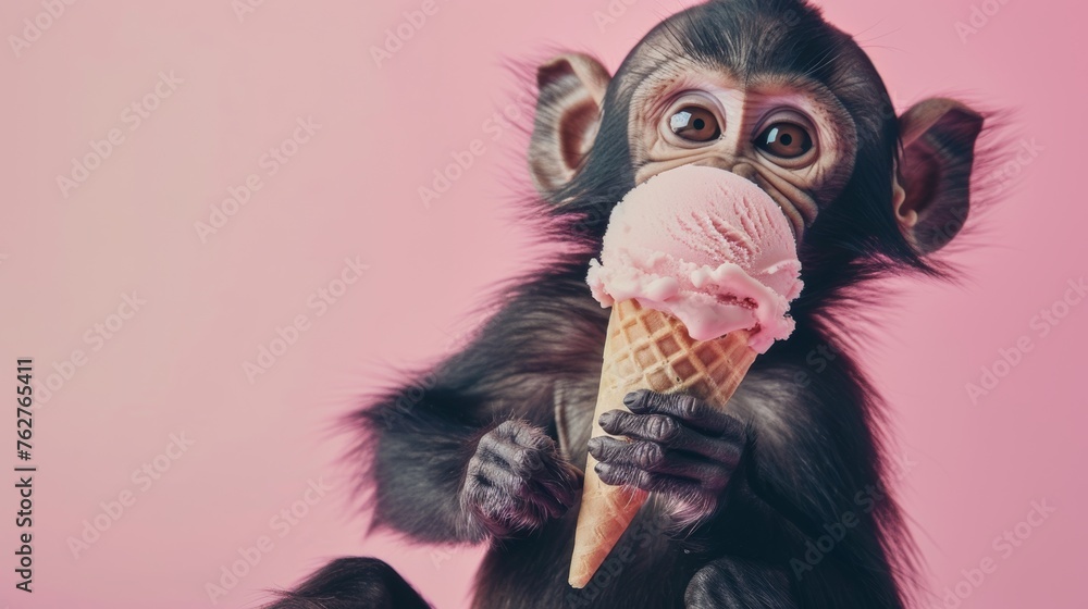 Baby Chimpanzee with Pink Ice Cream Cone
