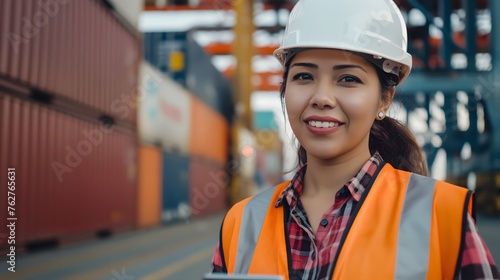 Lächelndes Porträt einer schönen lateinamerikanischen Wirtschaftsingenieurin mit weißem Schutzhelm und Warnweste, die am Tablet arbeitet. Inspektor oder Sicherheitsbeauftragter im Containerterminal