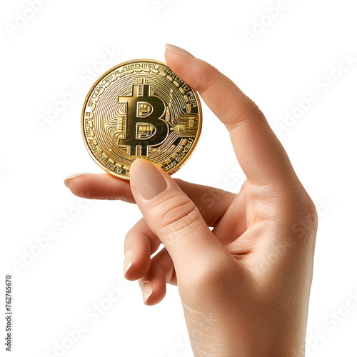 Holding a Golden Bitcoin Coin: A Cryptocurrency Journey, Isolated on Transparent Background, PNG