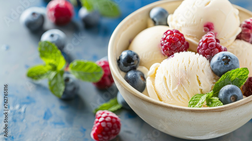 Refreshing Bowl of Ice Cream With Raspberries, Blueberries and Mint