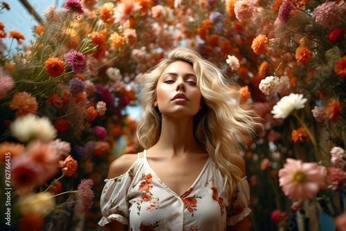 Portrait of a beautiful blonde girl surrounded by flowers. Girl in a dress with flowers 