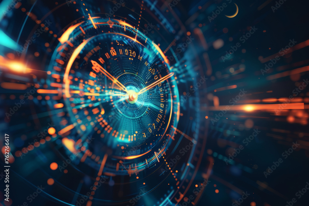 An abstract business background featuring a close-up of a clock, its hands pointing to different times - obrazy, fototapety, plakaty 