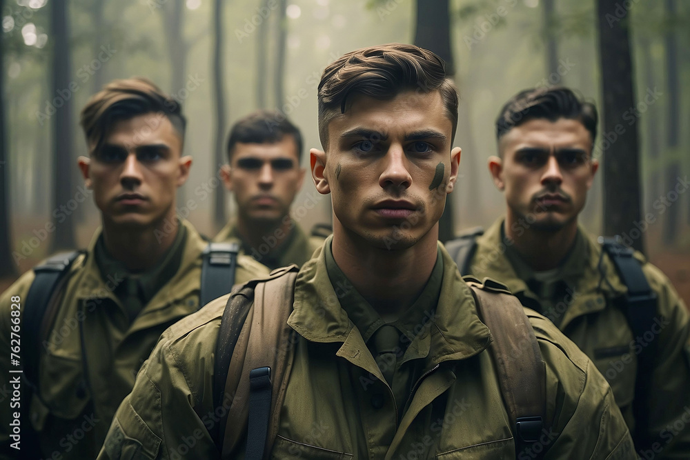 Fototapeta premium A squad of young boy soldiers in a thick green forest waiting for orders. Memorial Day. Independence Day in America. July 4