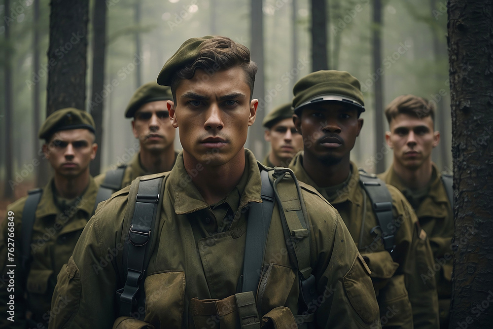 A squad of young boy soldiers in a thick green forest waiting for orders. Memorial Day. Independence Day in America. July 4