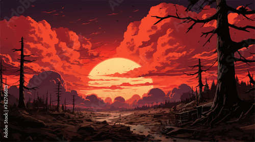 Dramatic Red Sunset Over Wilderness Landscape vector illustration