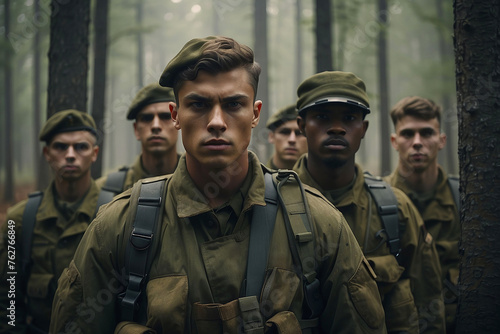 A squad of young boy soldiers in a thick green forest waiting for orders. Memorial Day. Independence Day in America. July 4