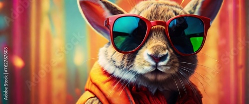 A fashionable and chic bunny wearing sunglasses, set against a vibrant and eye-catching background, copy space, eggs