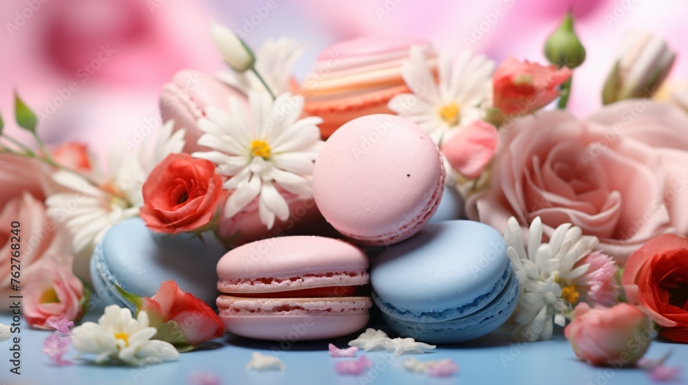 background with macaroons and flowers background with macaroons and flowers
