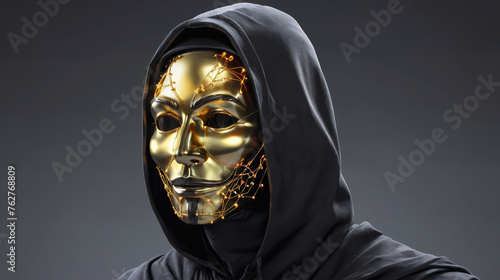 Person Wearing Gold Mask and Black Hood