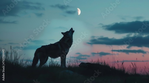 Twilight Wolf Howling at Moon Silhouette Image © AnimalAI