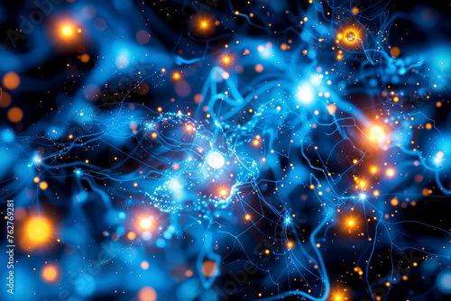 Microscopic view of a network of neuron connections firing electric blue and orange
