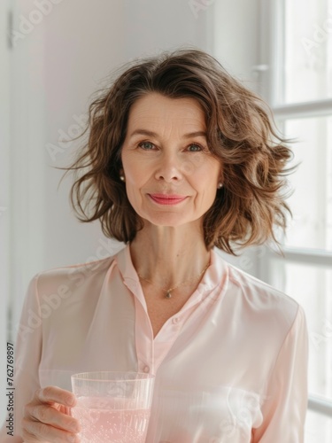 A middle-aged woman drinks liquid collagen. Self-care, dietary supplements, vitamins.