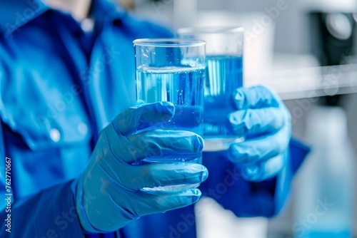 Water treatment technician showing glass of purified water with filters and tools in hand dressed in blue work equipment and white isolated background. Front view. Horizontal composition.