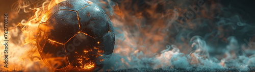 Weathered soccer ball rests on a forgotten field, shrouded in flames and mist. Dark light and orange tones, black background. Space for text.