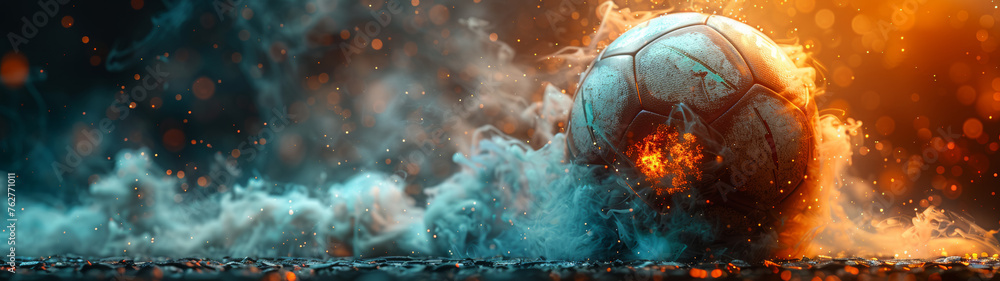 Weathered soccer ball rests on a forgotten field, shrouded in flames and mist. Dark light and orange tones, black background. Space for text. - obrazy, fototapety, plakaty 