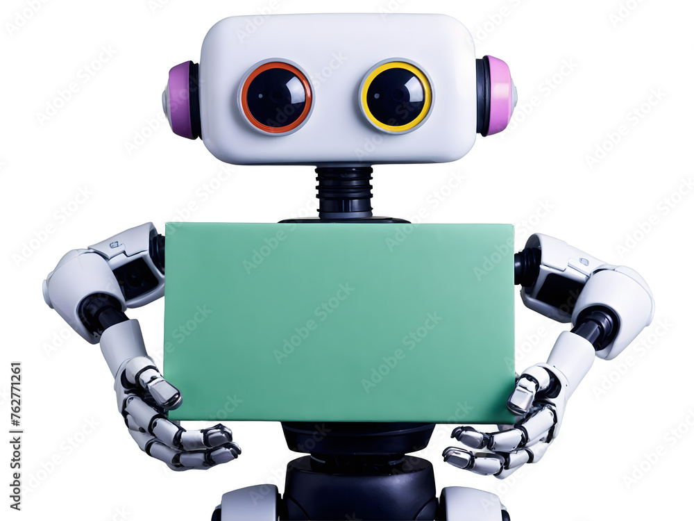 Cute robot android holding blank empty paper box, ai artificial intelligence concept, copy space area, isolated on transparent background