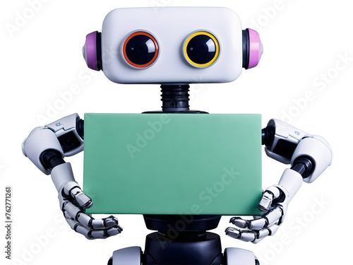 Obraz na płótnie Cute robot android holding blank empty paper box, ai artificial intelligence concept, copy space area, isolated on transparent background w salonie