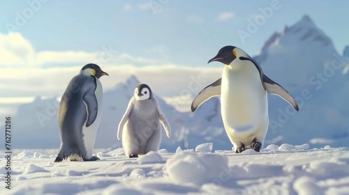 Cute Penguin Colony on Ice with Snowy Horizon photo