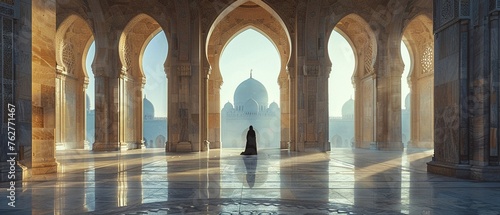 Lone figure in mosque, vast architectural background, early morning, wide shot