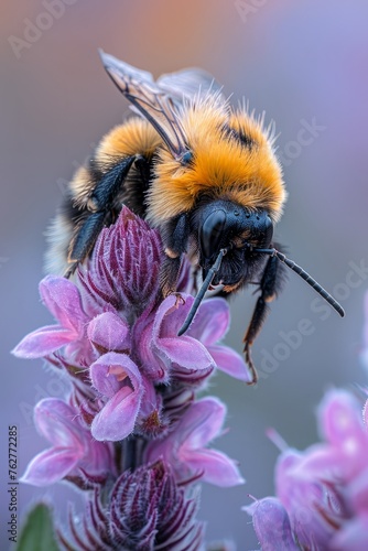 A bumblebee or bee pollinates a flower in spring or summer