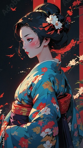 Japanese Geisha dressed in a traditional immaculately patterned kimono with her hair chicly styled adorned with decorative hairpieces