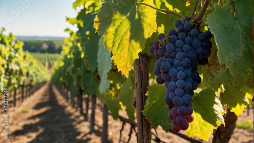 Close up view of ripe grapes on the branch in a vineyard under the sunlight