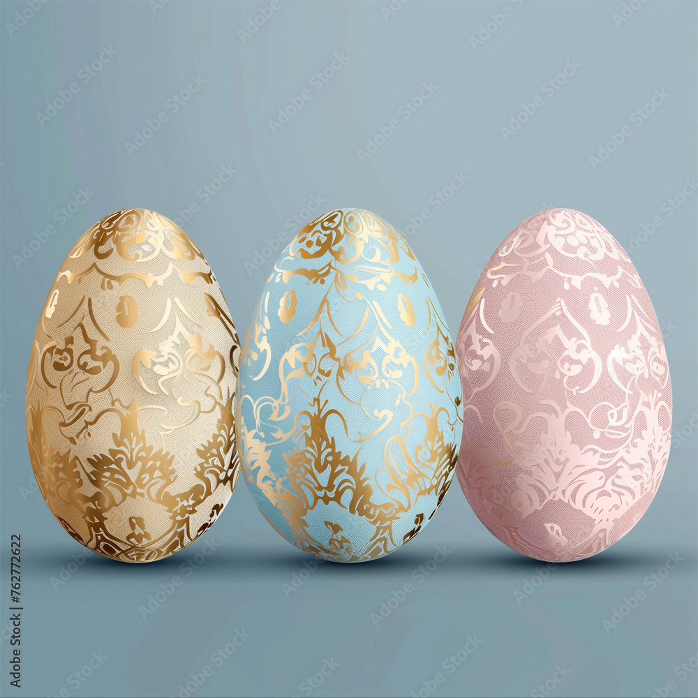 Colorfull Easter eggs with a golden pattern on a blue background Colorfull Easter eggs with a golden pattern on a blue background