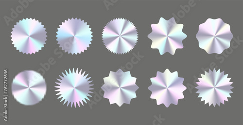 Set of realistic mockup hologram stickers, labels, stamps with different shapes. Elements with jagged edges. Vector illustration of silhouette blank for tag, badge, certificate, coupon
