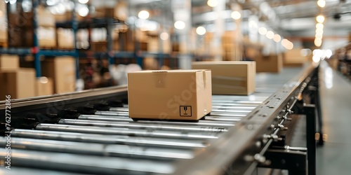 Cardboard boxes traveling on conveyor belt in busy warehouse fulfillment center. Concept Warehouse Automation, E-commerce Logistics, Product Packaging, Supply Chain Management, Manufacturing Process