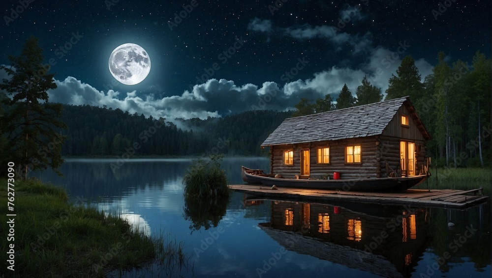Fototapeta premium Tranquil Night: Lakeside Cabin Bathed in Moonlight with Wooden Boat