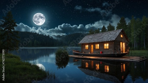 Tranquil Night: Lakeside Cabin Bathed in Moonlight with Wooden Boat © Sba3