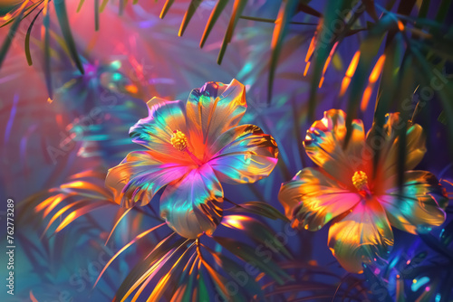 holographic vibrant tropical flowers at dusk © Belho Med