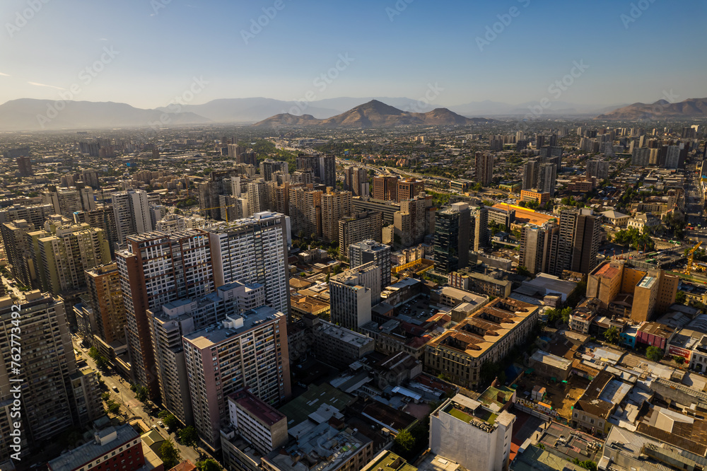 Obraz premium Beautiful aerial view of the San Cristobal Hill and the city of Santiago de Chile