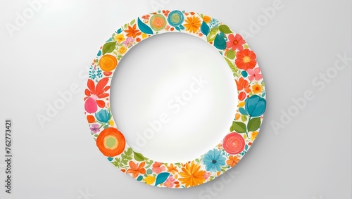 summer frame of colorful flowers in the shape of circle on white background with copy space, space for text and design 